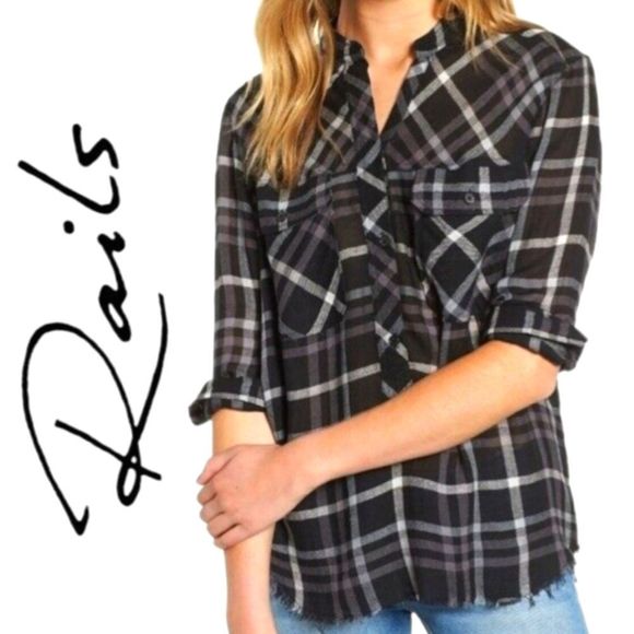 RAILS | LINEN BLEND BLACK WHITE PLAID LIGHTWEIGHT AIRY SHIRT FRAYED RAW HEM MED